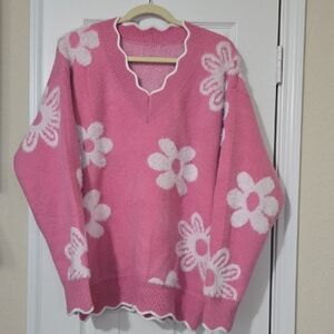 Chic Pink Floral V-Neck Sweater
